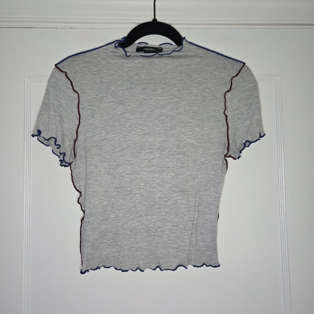 Forever 21 Gray Lattice Edge Top Womens M Maroon Blue Y2K Boho Tee